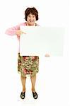 Humorous photo of a man dressed as a woman, holding a blank sign.  Isolated on white.