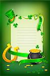 illustration of Saint Patrick's day card with hat gold pot and horse shoe
