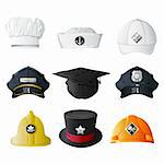 illustration of set of hat from different professions on isolated background
