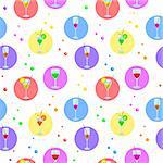 Vector seamless background, glasses with various coloured drinks, circle and bubbles