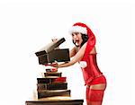Beautiful christmas woman in santa hat  with fancy box