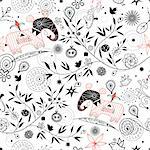 black floral seamless pattern with elephants on a white background