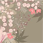 Brown floral background with contour flowers and plants