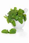 Lemon balm herb leaf sprigs in a marble mortar with pestle and loose, isolated over white background. Melissa officinalis. Alternative remedy as repellent for mosquitoes.