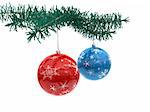 3D rendering of a tree branch with a couple of Christmas baubles
