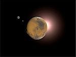 3D rendering of planet Mars with the Sun behind it