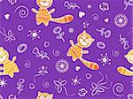 seamless doodle pattern with red cats on dark violet background