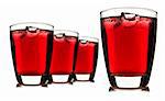 Four glasses of red fruit juice with ice on white background