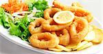 Deep batter fried squid rings calamari with green salad on white plate