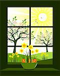 vector easter eggs and daffodils in bowl at window, Adobe Illustrator 8 format