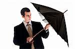 Isolated business man with umbrella