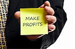 Make profits post it in business man hand