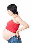 Pregnant woman in sideview with closed eyes over white background