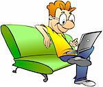 Cartoon illustration of smiling man sitting on sofa with laptop.