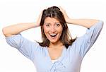 A portrait of a beautiful young surprised woman with long hair holding her head over light background