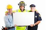 Construction worker, fireman, and policeman holding a blank white sign.  Isolated on white.