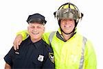 Policeman and firefighter isolated on white background.