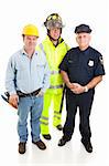 Group of blue collar workers, construction worker, policeman, and fireman, isolated on white.