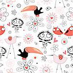 seamless black pattern of the funniest birds on a white background