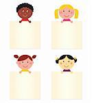 Four cute children with blank banners. Vector Illustration.