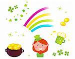 Icons set of St. Patrick's Day design elements - cauldron with coins, four leaf clovers, green beer, rainbow and Leprechaun.