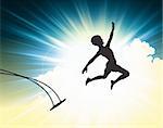Illustrated silhouette of a young boy leaping off a swing