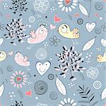 seamless floral pattern with birds in love with a blue background