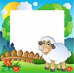 Easter frame with sheep on meadow - vector illustration.