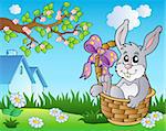 Spring meadow with bunny in basket - vector illustration.