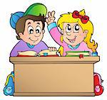 Two children at school desk - vector illustration.