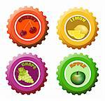 Set of fruit juice bottle caps with paper labels, vector illustration