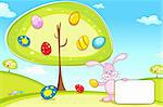 illustration of tree full of colorful decorated easter eggs with bunny holding blank card