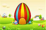 illustration of colorful decorated easter eggs house on meadow