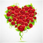 illustration of valentine card with heart made of roses on abstract background