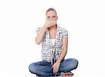 Young woman covering her mouth, isolated on white