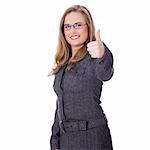 Confident businesswoman standing wearing elegant clothes with thumb up- isolated over a white background