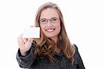Businesswoman in suit holding blank empty business card. Isolated
