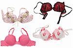 Collage feminine bra with red pattern on white background. Panoramic image from several pictures.