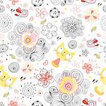 seamless black floral pattern and a colored cats and birds on a white background