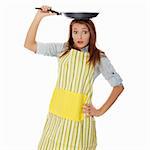 Young woman cooking healthy food , isolated on white