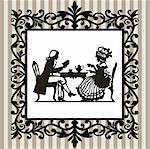 Retro victorian illustration, man and woman drinking tea and leasing book in a decorative frame.