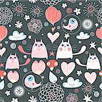 seamless pattern of willow funny cats and birds, and hearts on a dark background