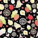 seamless pattern of green frogs and fish among the fruit on a black background