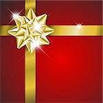 Golden  bow on a red ribbon with red background - vector Christmas card (no text)