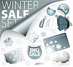 Set of silver winter discount tickets, labels, stamps, stickers, corners, tags (vector)