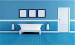 old style  bathtub in a retro bathroom  with blue plank wood floor - rendering