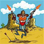 Cartoon cowboy jumping with his six guns in the desert
