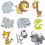 Set of cute cartoon animals. A rhino,lion,giraffe,elephant,hippo,snake,leopard,zebra and buffalo
