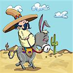 Cartoon Mexican wearing a sombrero riding a donkey in the desert