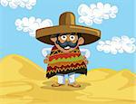 Cartoon Mexican wearing a huge sombrero in the desert